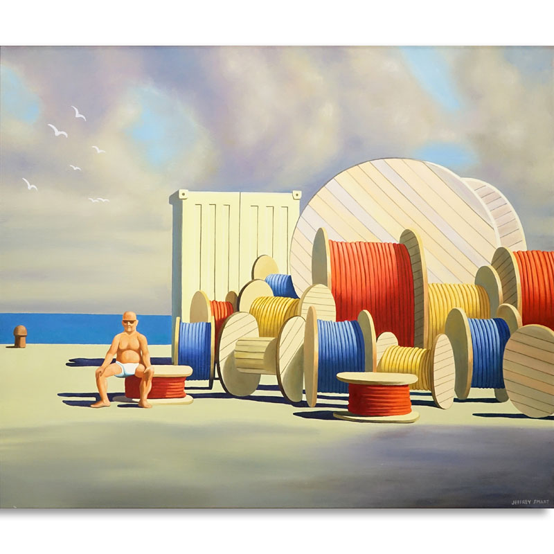 After: Jeffrey Smart, Australian (1921-2013) Oil on Canvas, Man with Cable Spools