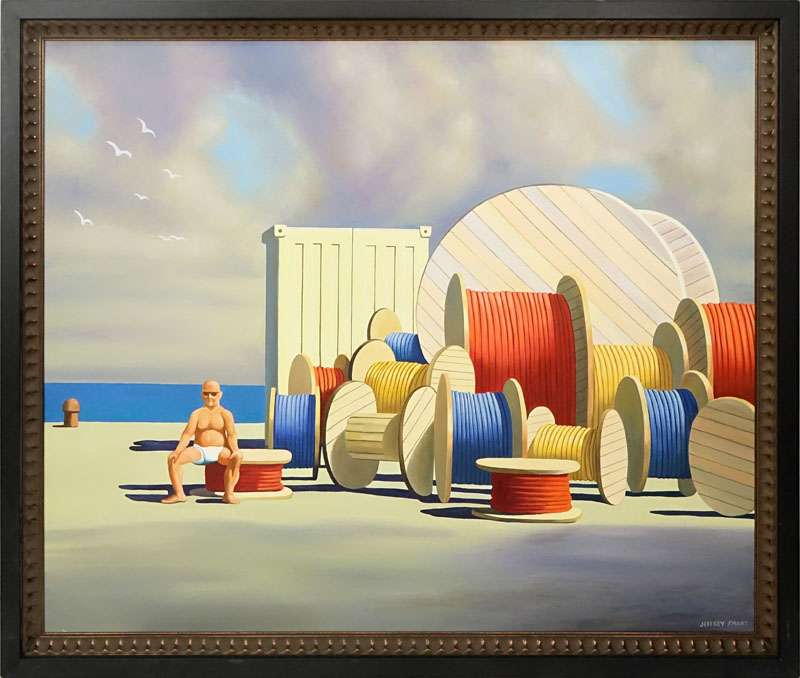 After: Jeffrey Smart, Australian (1921-2013) Oil on Canvas, Man with Cable Spools