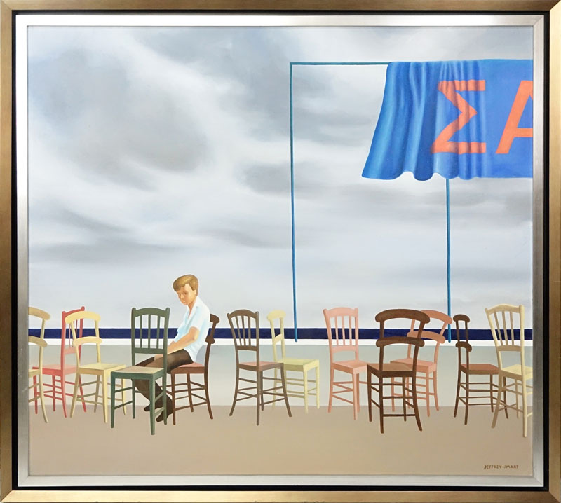 After: Jeffrey Smart, Australian (1921-2013) Oil on Canvas, Man with Chairs