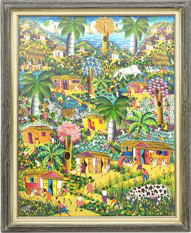 Edouard P., Haitian (20th C.) Oil on Linen "Village Scene"