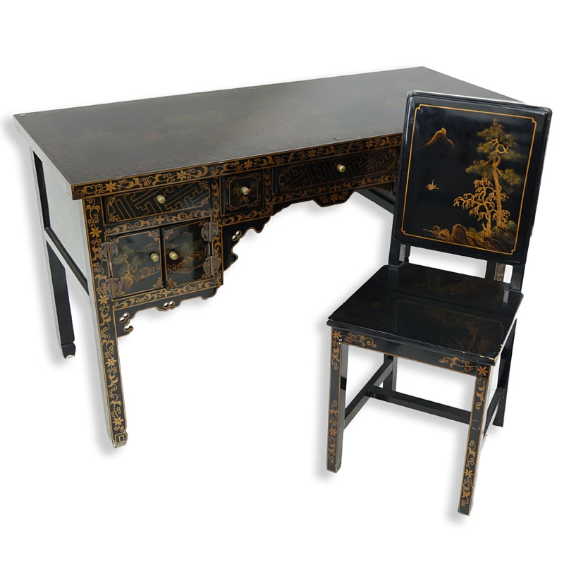 Mid Century Modern Chinese Black Lacquer and Painted Desk with Chair