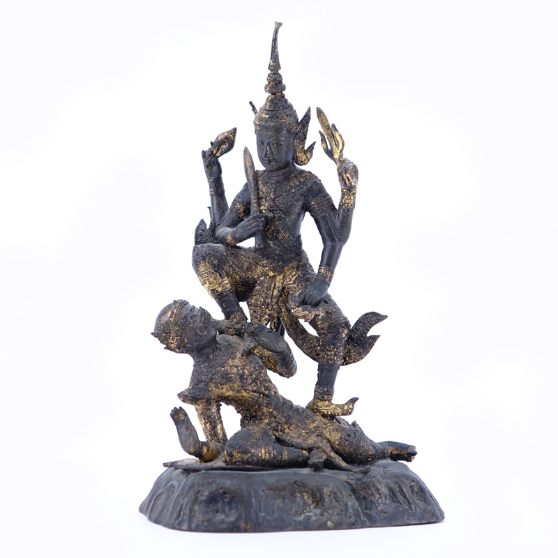 Antique Thai Bronze Group "Warrior Killing Devil"