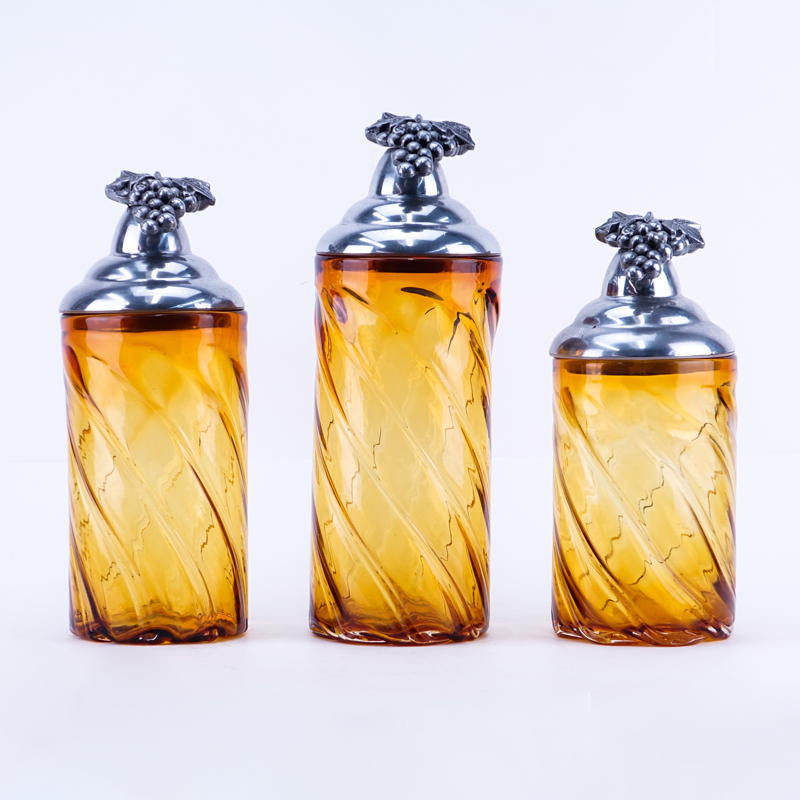 Three (3) Modern Hand Blown Amber Glass Canisters with Metal Grape Lids