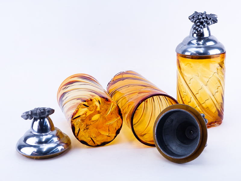 Three (3) Modern Hand Blown Amber Glass Canisters with Metal Grape Lids