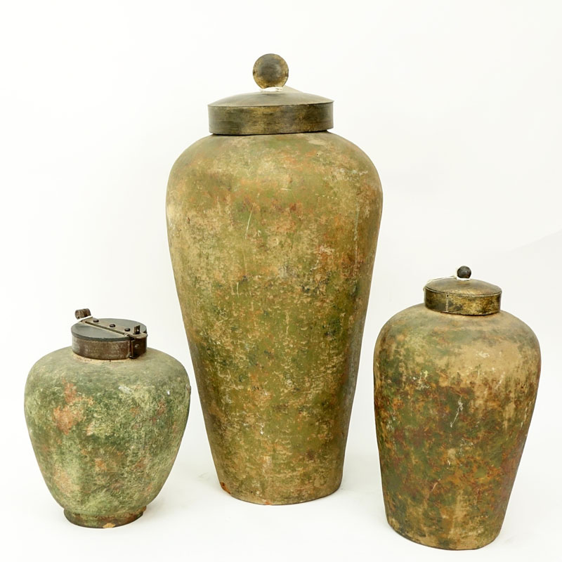 Collection of Three (3) Antique style Chinese Heavy Terra Cotta Covered Jars with Metal Lids