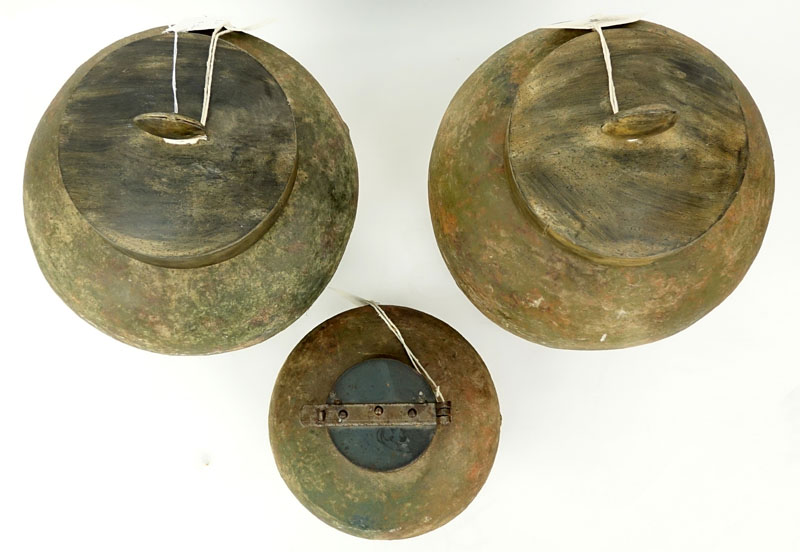 Collection of Three (3) Antique style Chinese Heavy Terra Cotta Covered Jars with Metal Lids