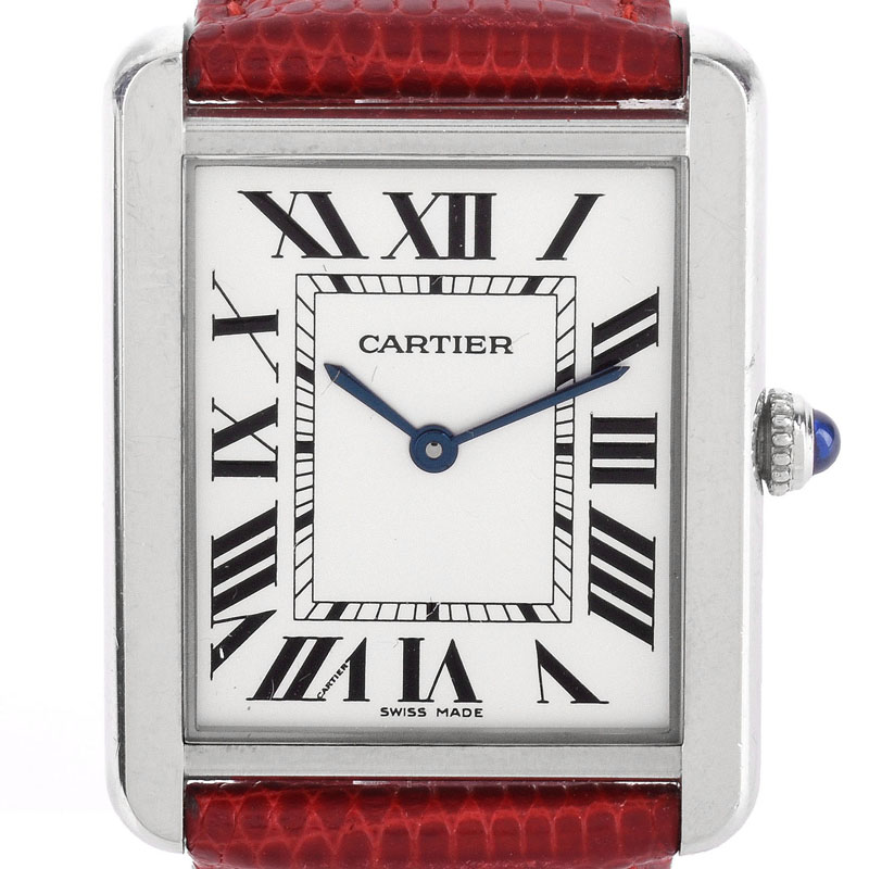 Two (2) Lady's Cartier Watches Including Tank Divan Model 2612 Stainless Steel Automatic Watch with Leather Strap and Tank Model 2715 Stainless Steel Quartz Movement Watch with Red Leather Strap