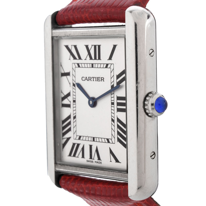Two (2) Lady's Cartier Watches Including Tank Divan Model 2612 Stainless Steel Automatic Watch with Leather Strap and Tank Model 2715 Stainless Steel Quartz Movement Watch with Red Leather Strap