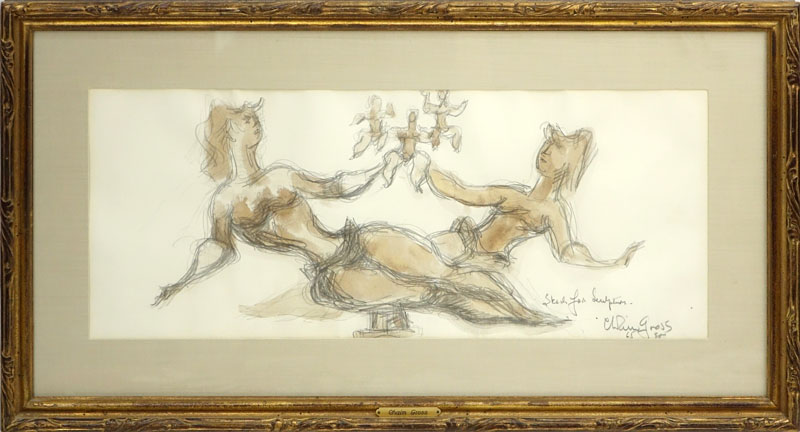 Chaim Gross, American (1904-1991) Pencil and watercolor "Sketch For Sculpture"