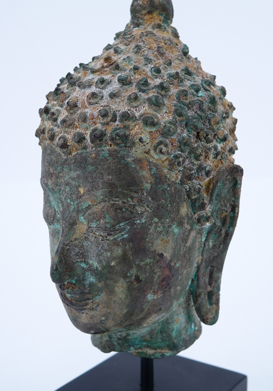 Antique Thai Bronze Sculpture of a Buddha Head/Bust Mounted on Fitted Wooden Stand
