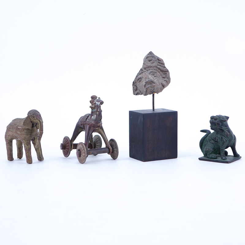 Collection Of Three (3) Asian Bronzes and a Pre-Colombian Pottery Mask, Includes a modern Chinese signed foo dog, Indian elephant, Indian Temple Toy