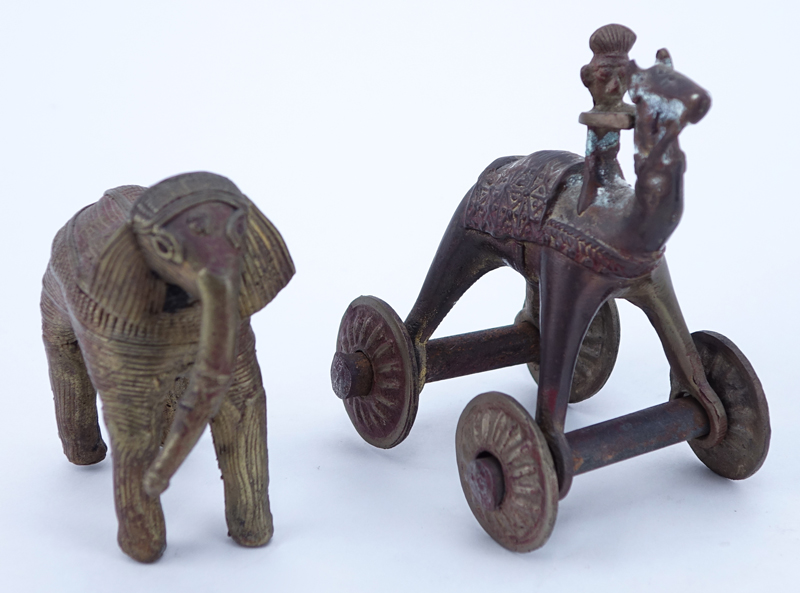 Collection Of Three (3) Asian Bronzes and a Pre-Colombian Pottery Mask, Includes a modern Chinese signed foo dog, Indian elephant, Indian Temple Toy