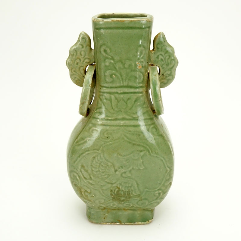 Chinese Yuan Dynasty Celadon Glazed and Incised Ring Handled Vase