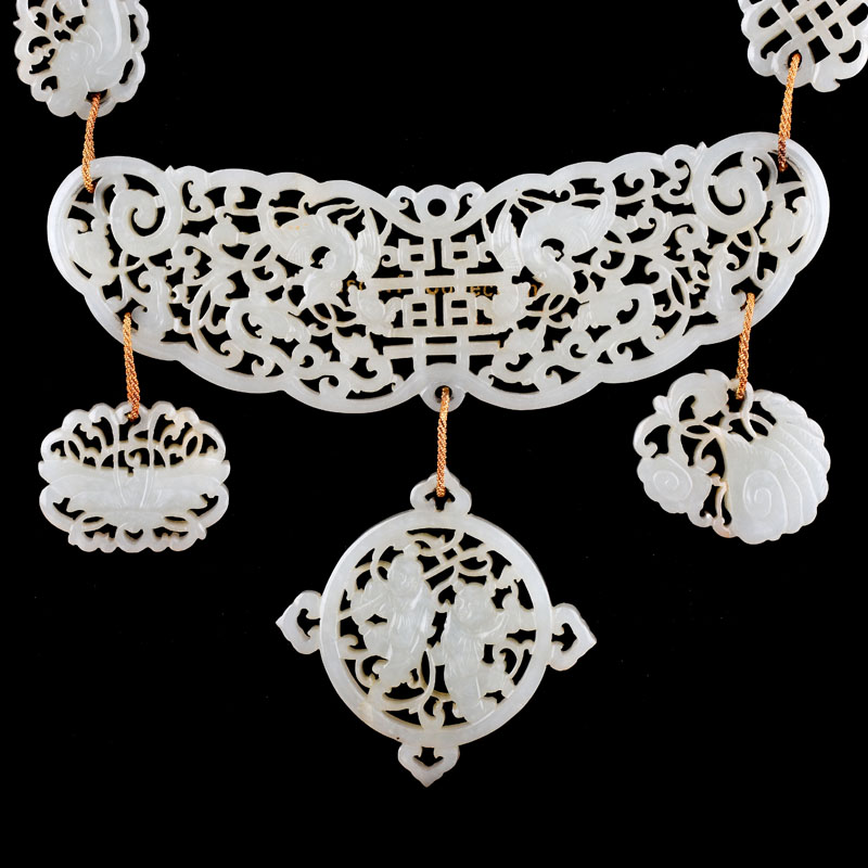 Important Antique Chinese Openwork Carved White Jade and (later) 14 Karat Yellow Gold Necklace and Pendant Earring Suite