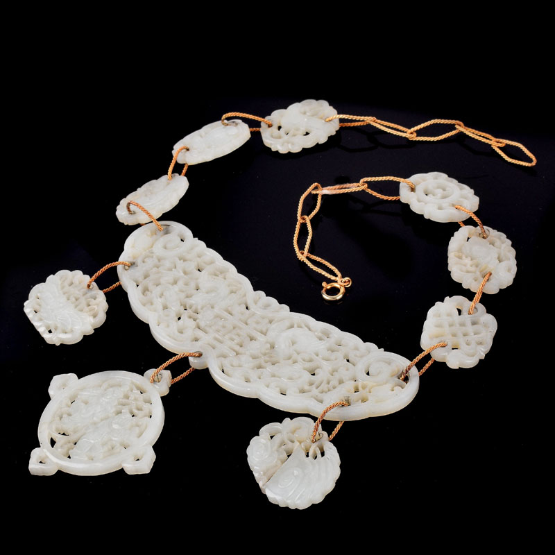 Important Antique Chinese Openwork Carved White Jade and (later) 14 Karat Yellow Gold Necklace and Pendant Earring Suite