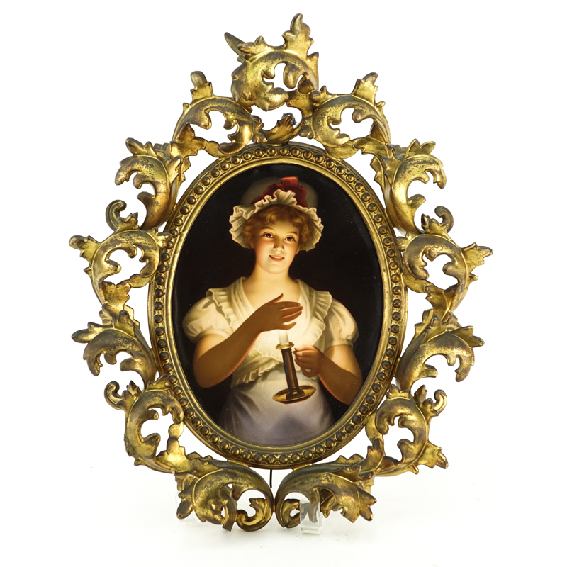 Antique KPM Porcelain Plaque, Portrait of a Young Girl, in a Rococo Style Gilt Metal Frame