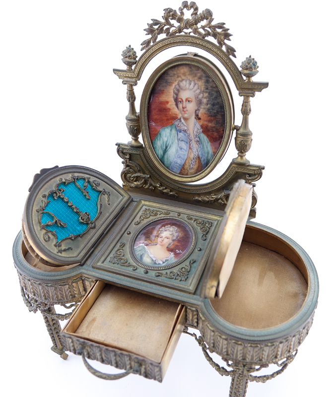 19th Century French Guilloche Enamel and Gilt Bronze Miniature Vanity Table with Porcelain Portrait