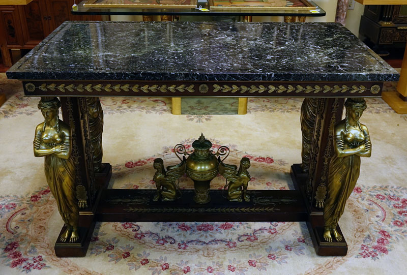 After: Jacob Desmalter (1799 - 1870) French Empire Style Gilt Bronze Mounted Mahogany Center Table with Verde Antico Marble Top