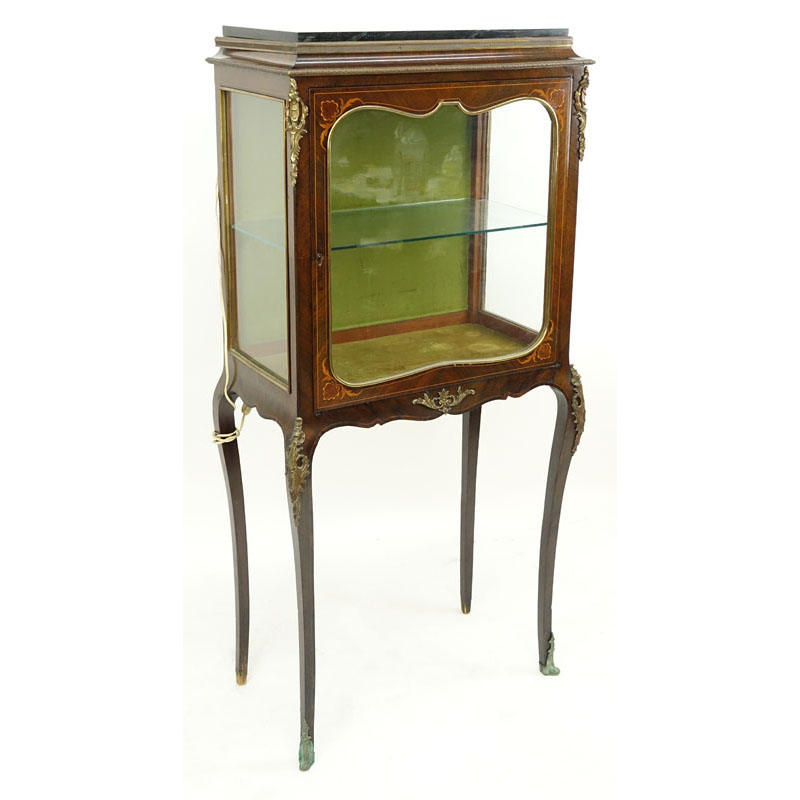Antique Louis XV Style French Bronze Mounted Marquetry Inlaid Glass Vitrine with Marble Top