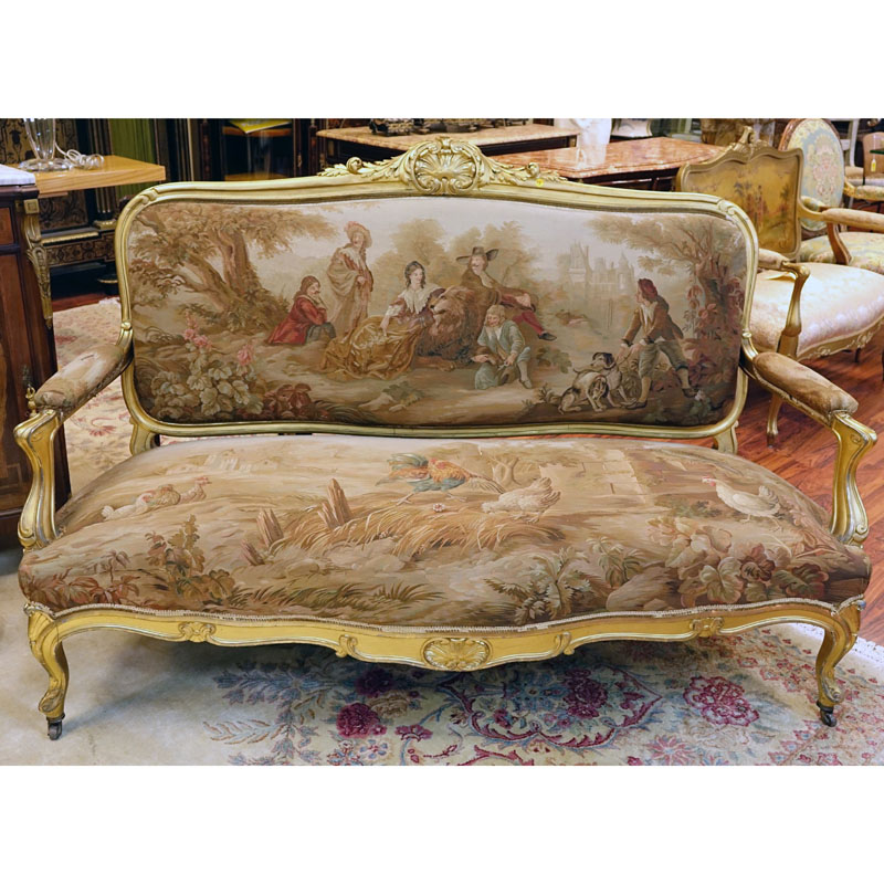 19th Century Louis XVI Style Carved Giltwood Settee with Aubusson Tapestry Upholstery