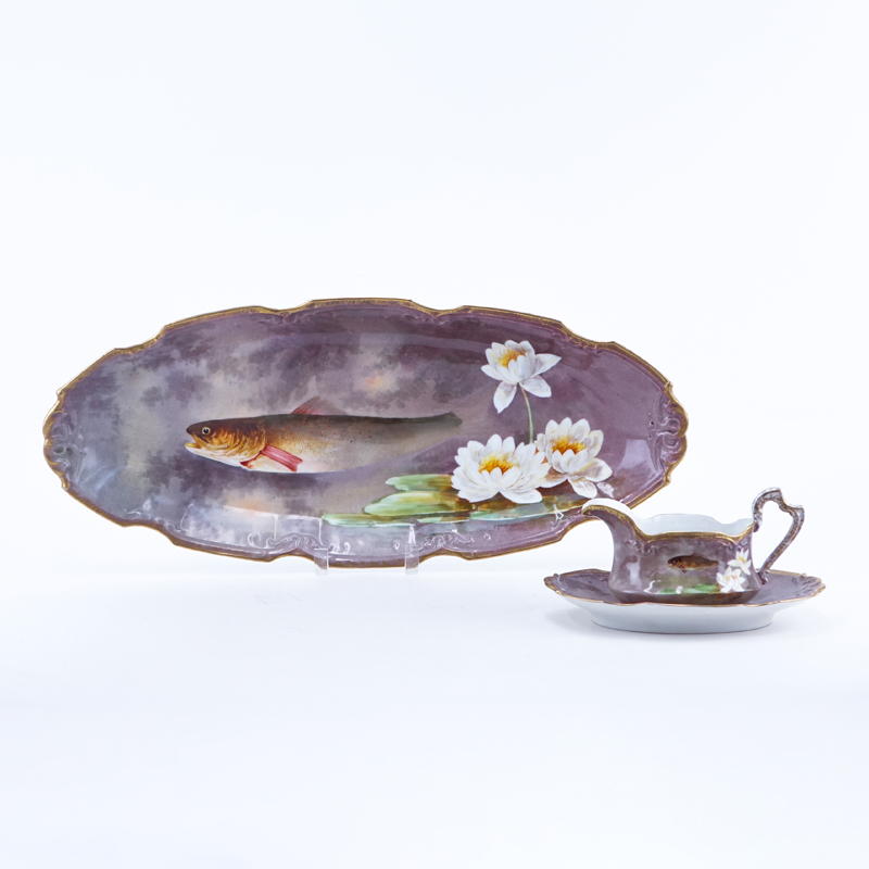 Antique Limoges Porcelain Hand Painted Fish Platter and Sauce Boat Set