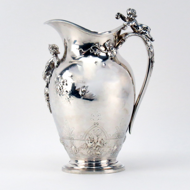Gorham Art Nouveau Sterling Silver High Relief Cherub and Foliage Water Pitcher