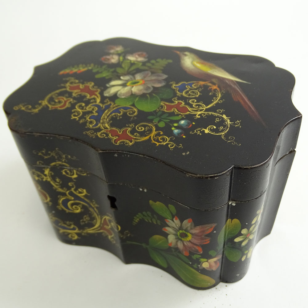 Vintage Toleware Tea Caddy and a Leather Covered Lacquered Box.