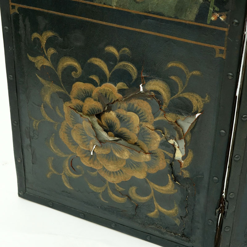 19th Century European Hand Painted Leather Three Panel Screen