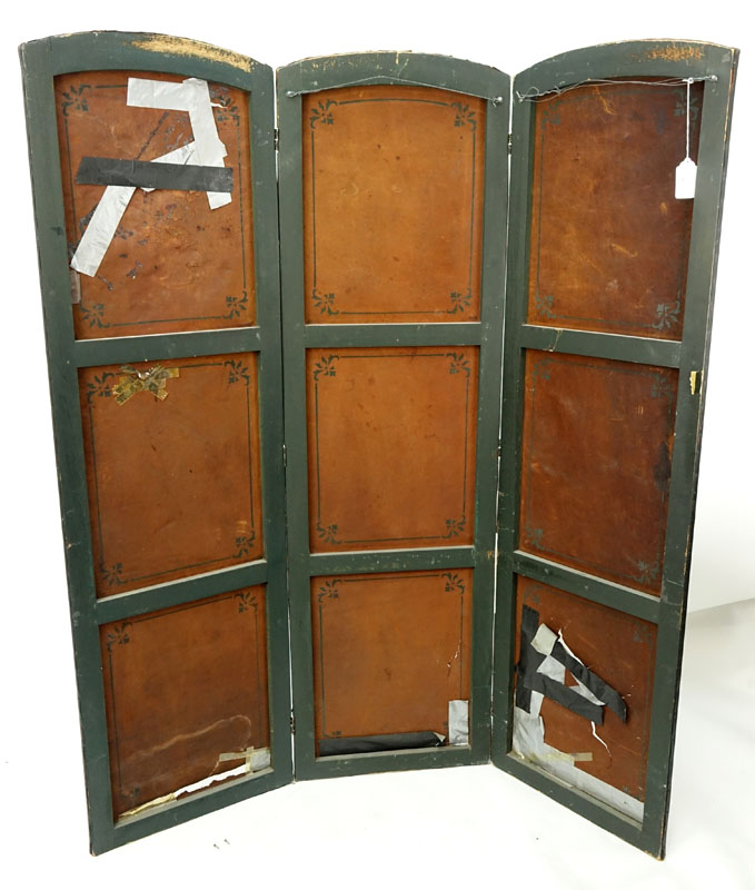 19th Century European Hand Painted Leather Three Panel Screen