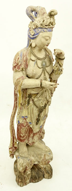 Chinese Ming Style Polychrome Carved Wood Standing Guanyin Sculpture