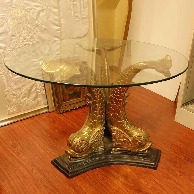 Mid Century Brass Dolphin Table Base with Glass Top