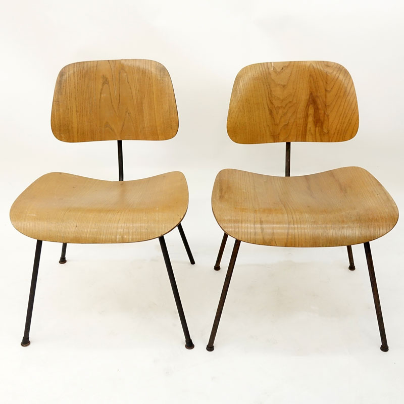 Pair Mid Century Eames Molded Plywood Chairs With Metal Legs.