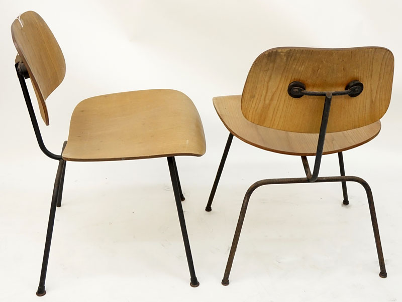 Pair Mid Century Eames Molded Plywood Chairs With Metal Legs.