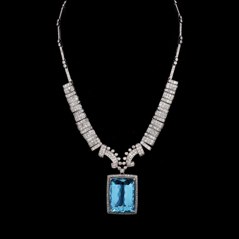 Art Deco Large Aquamarine, Diamond and Platinum Pendant Necklace