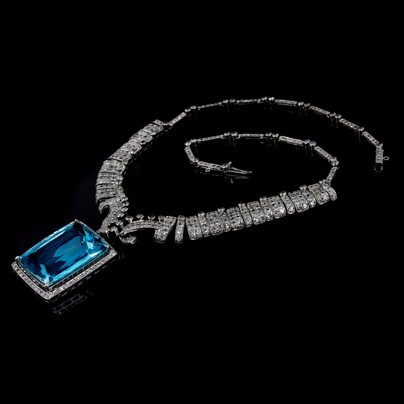 Art Deco Large Aquamarine, Diamond and Platinum Pendant Necklace