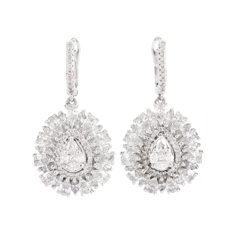 Approx. 6.0 Carat TW Pear Shape and Round Brilliant Cut Diamond and 18 Karat White Gold Pendant Earrings