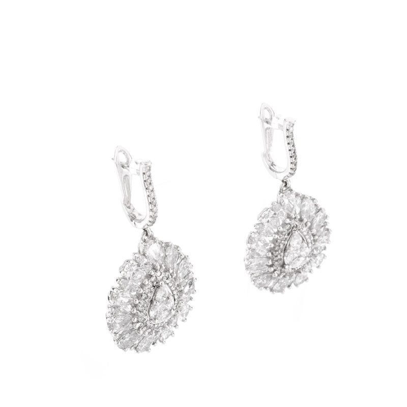 Approx. 6.0 Carat TW Pear Shape and Round Brilliant Cut Diamond and 18 Karat White Gold Pendant Earrings