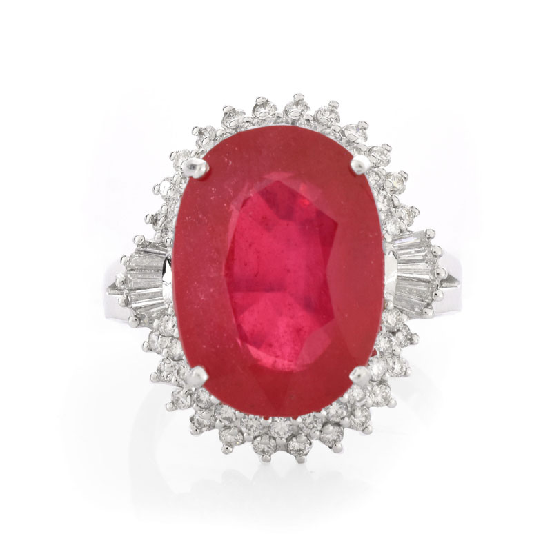 Approx. 11.66 Carat Synthetic Ruby, .75 Carat Round Brilliant and Tapered Baguette Cut Diamond and 18 Karat White Gold Ring