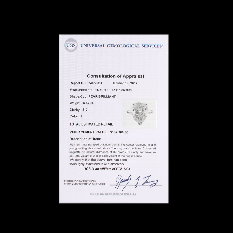 EGL Certified 6.32 Carat Pear Shape Diamond and Platinum Engagement Ring