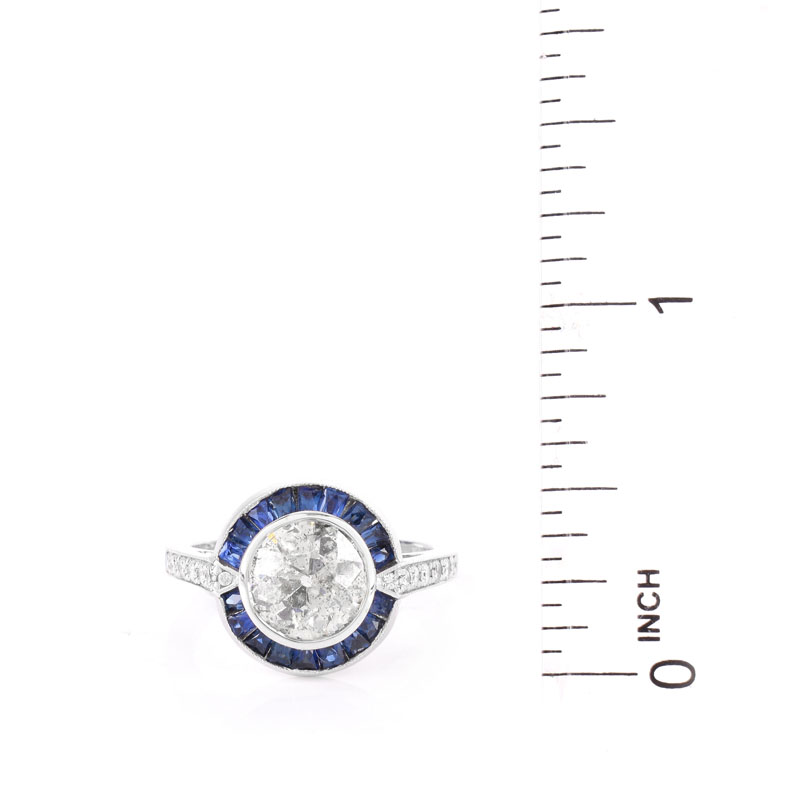 Vintage Approx. 2.0 Carat Old European Cut Diamond, Caliber Cut Sapphire and Diamond Engagement Ring