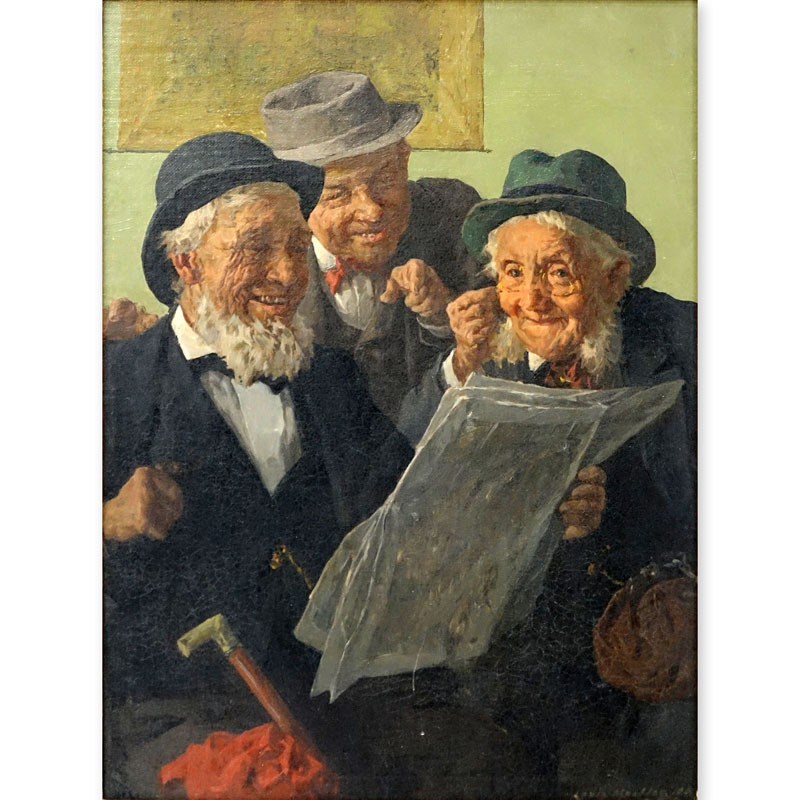 Louis Muller (19/20th C.) Oil on Canvas, Old Men Reading Newspaper