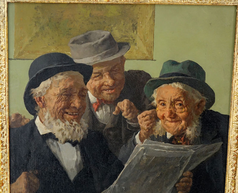 Louis Muller (19/20th C.) Oil on Canvas, Old Men Reading Newspaper
