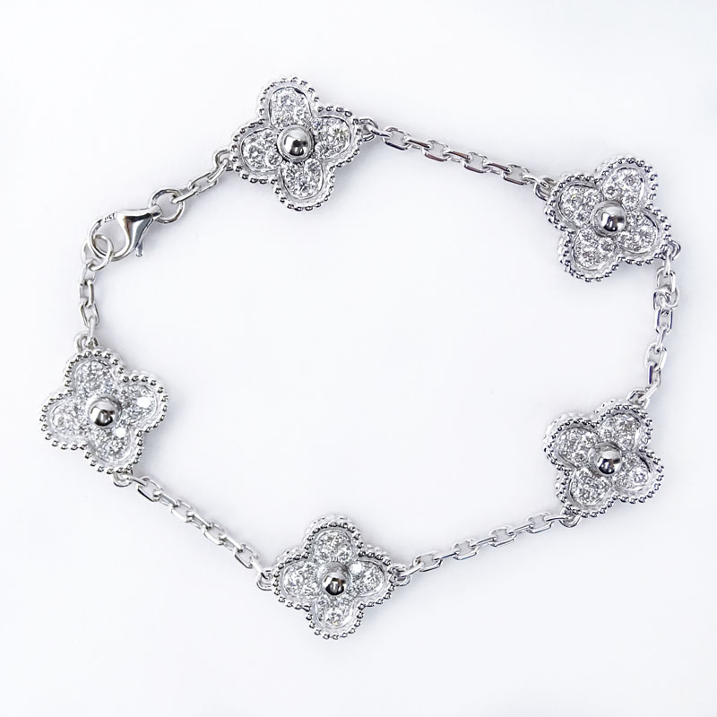 Van Cleef & Arpels Style Diamond and 18 Karat White Gold "Alhambra" Bracelet
