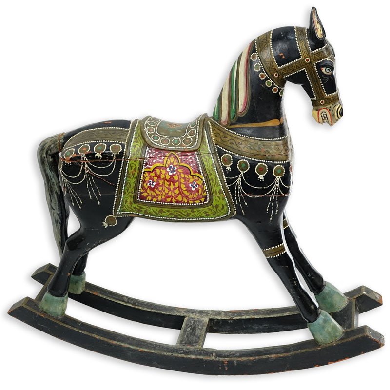 Large Mid Century Indian Wood Carved and Painted Rocking Horse