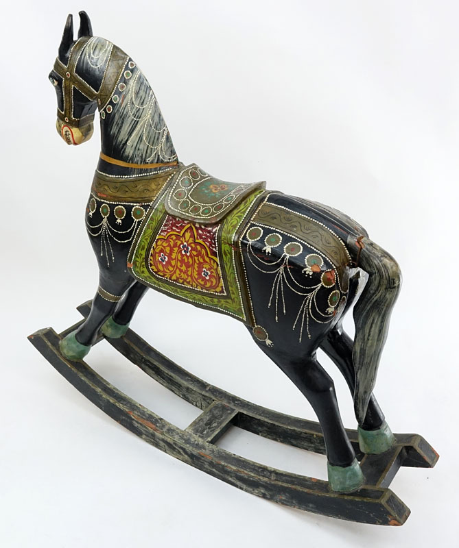 Large Mid Century Indian Wood Carved and Painted Rocking Horse