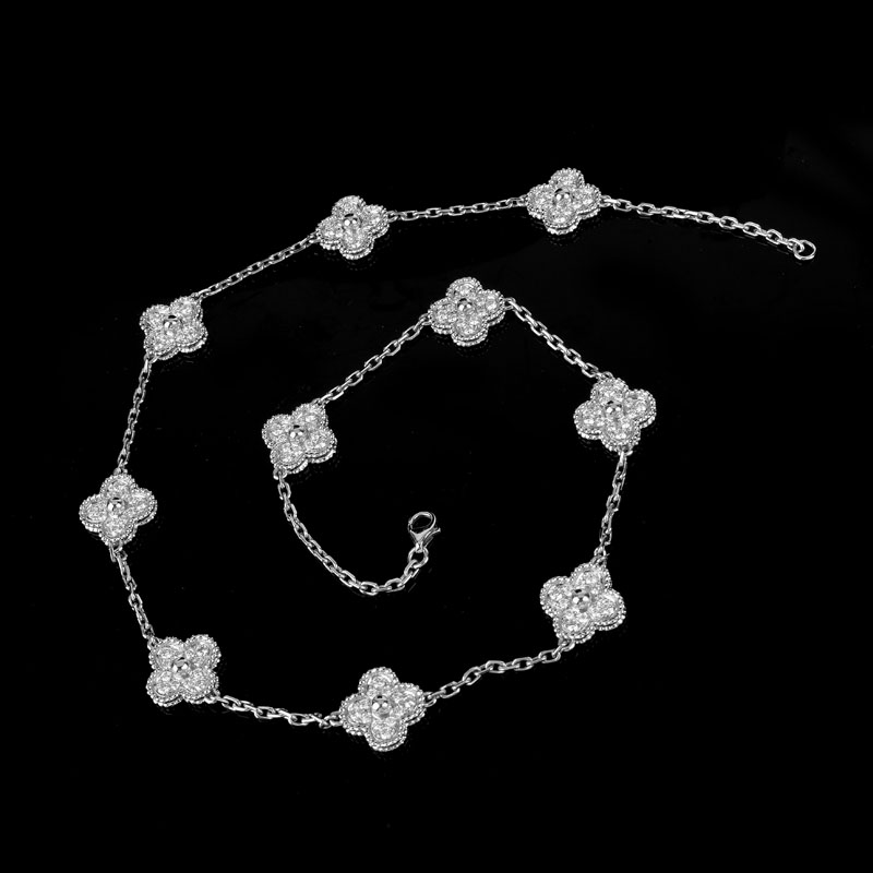 Van Cleef & Arpels Style Diamond and 18 Karat White Gold "Alhambra" Necklace