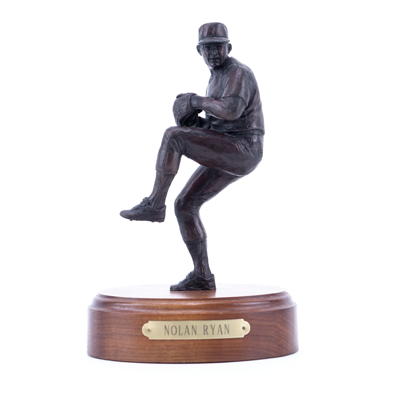 A Bronze Sculpture of Nolan Ryan Mounted on Wooden Base by Southland Art Castings