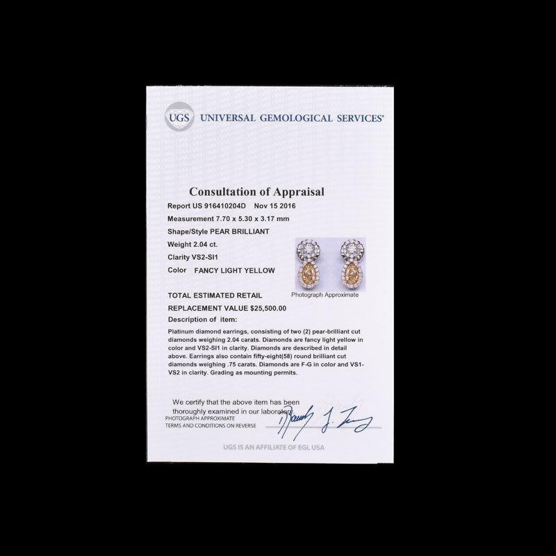 EGL Certified 2.04 Carat TW Fancy Light Yellow Diamond, .75 Carat Round Brilliant Cut Diamond and Platinum Earrings