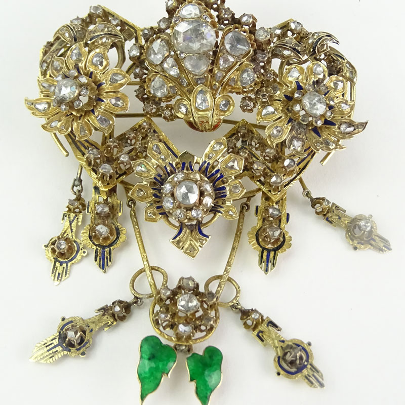 Museum Quality Large 19th Century Turkey Late Ottoman Rose Cut and Old Mine Cut Diamond, Enamel, Yellow Gold and Silver Articulated Bird Brooch