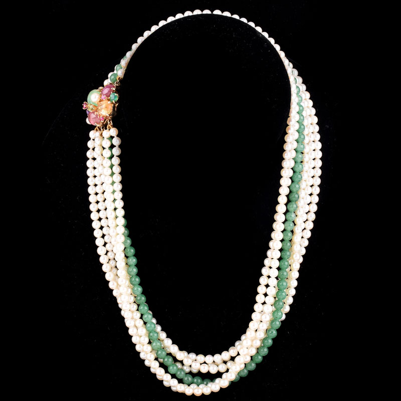 Vintage Pearl and Chalcedony Multi Strand Necklace with Multi Gemstone and 14 Karat Yellow Gold Clasp and Matching Earring Suite
